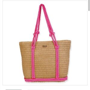 BRAND‎ NEW Sun N Sand Fuchsia Pink Paper Straw tote bag- Zip Top women’s, Beach